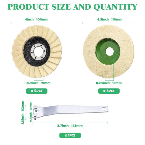 11 Piece Wool Buffing And Polishing Wheel Kit For Angle Grinder with assorted disc sizes and a wrench tool for heavy duty tasks.