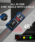 Pro Grade Dual Laser Distance Meter With Backlit LCD, 393 Feet Range, showing electronic level and angle measurement at 45 degrees.