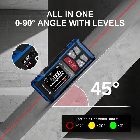 Pro Grade Dual Laser Distance Meter With Backlit LCD, 393 Feet Range, showing electronic level and angle measurement at 45 degrees.