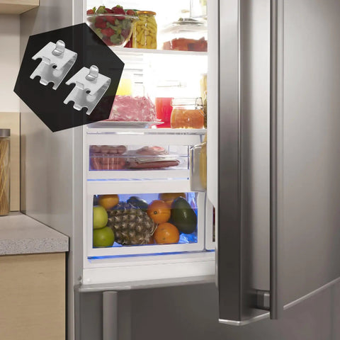 Stainless Steel Refrigerator Shelf Clips Replacement Hooks, 4-Piece Adjustable Fridge Shelf Holders shown beside open fridge