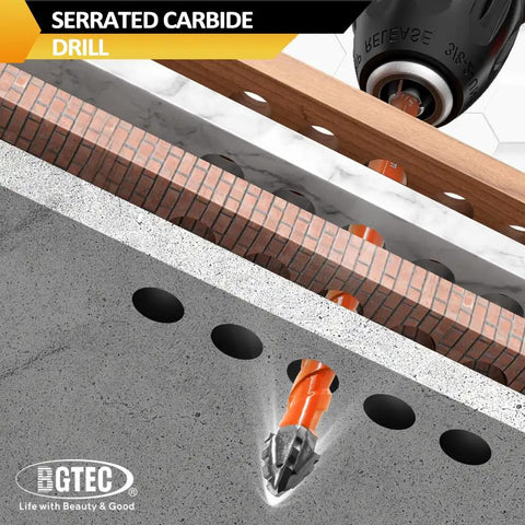 Tough As Nails Serrated Carbide Drill Bit Set Includes Diamond Tile Bits And PH2 Screwdriver Tips Quick Fit Hex Shank drilling through concrete with precision.