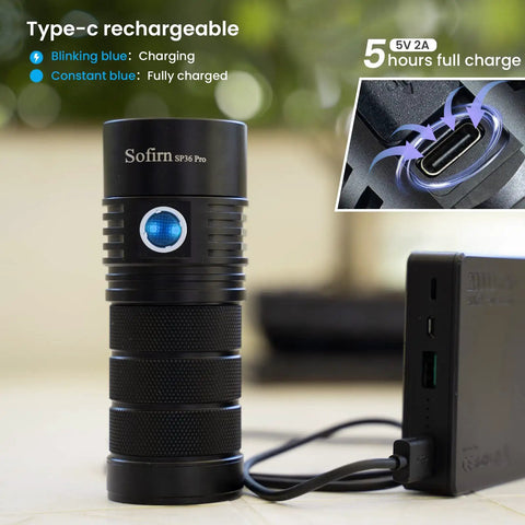 SP36 Pro Rechargeable LED Flashlight 8000 Lumens, 4X SST40 6500K, Anduril UI2, IPX8 Waterproof charging via USB-C