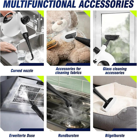 Multifunctional accessories for Grab This Badass Portable Handheld Steam Cleaner! 1300W, curved nozzle and glass cleaner.