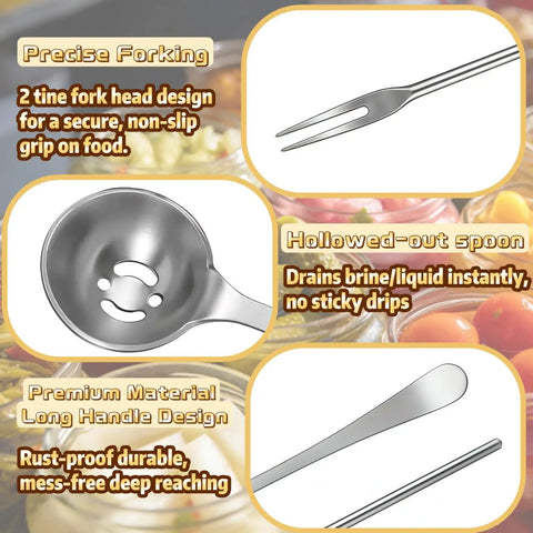 Detailed view of Six-Piece Pickle Fork Set With 8.66-Inch Long-Handle Olive Forks And Spoons With Drain Holes showing fork and spoon design