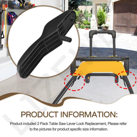 Solid 2 Pack Table Saw Lever Lock Replacement shown, black plastic lever for DeWalt DWE74911 saw height adjustments.
