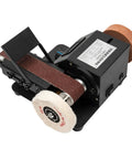 Straight Up Workhorse Mini Electric Belt Sander And Tabletop Polisher With Variable Speed Control showing sandpaper and polishing wheel.