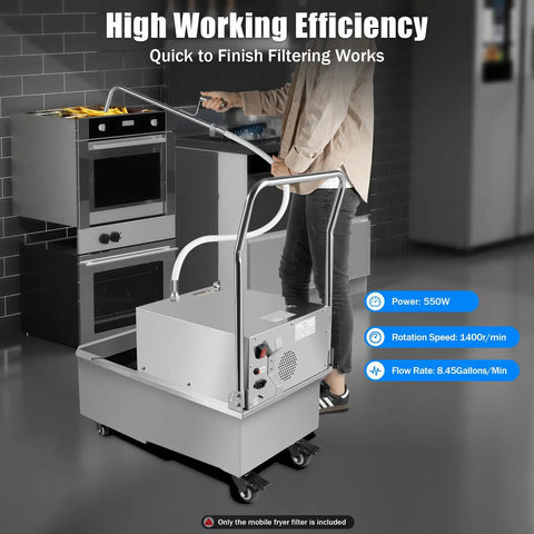 Pro Chef Grade Industrial Deep Fryer Oil Filter Cart With 55 Gallon Stainless Steel Mobile Tank in use, filtering oil in restaurant kitchen.