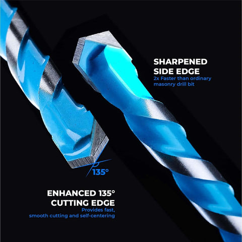 Masonry drill bit with blue coating, spiral flute, and 135° cutting edge (close-up view)