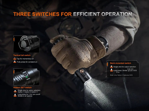 Close-up of Beast 3000 Lumen Rechargeable Tactical Flashlight with USB C Dual Switches in a gloved hand