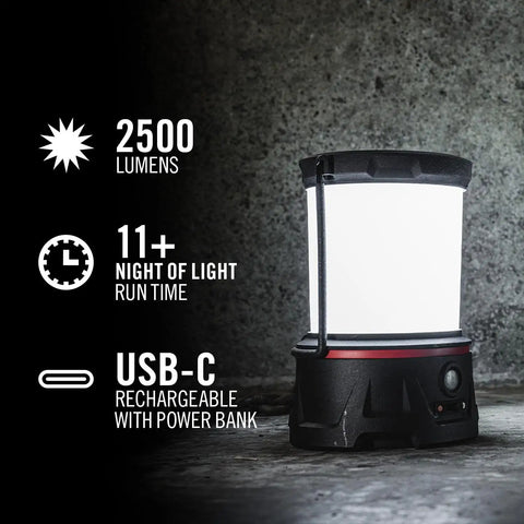 Rechargeable Emergency Camping Lantern With 2500 Lumens Beast Mode Brightness And USB C Power Bank beside concrete wall