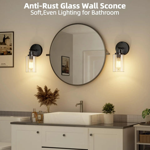 One Light Matte Black Bathroom Wall Sconce With Clear Glass Shade And E26 Base Modern Vanity Light Fixture beside mirror