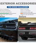 Before and after comparison of smoked tail light covers installation on Dodge Challenger 2015-2024, showing protective rear light guards.