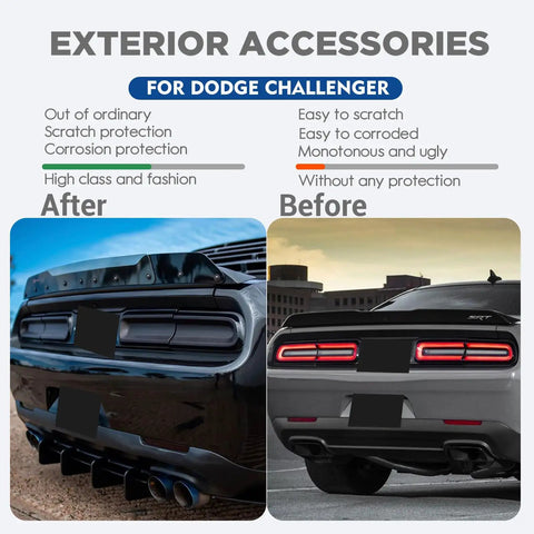Before and after comparison of smoked tail light covers installation on Dodge Challenger 2015-2024, showing protective rear light guards.