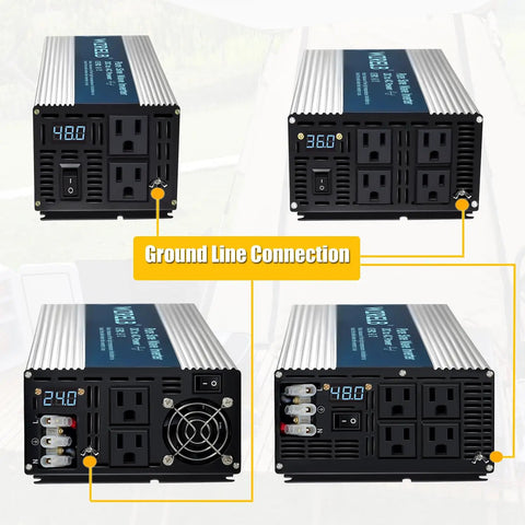 Top Tier 500 Watt Pure Sine Wave Power Inverter with LED display, four AC outlets, and wiring connections for RVs and camping.