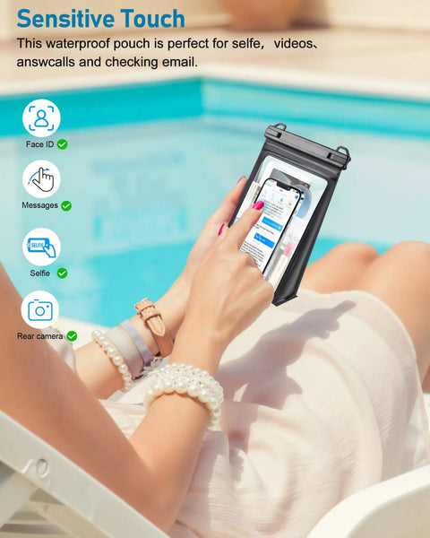 Person using a Beefy Capacity Floating Waterproof Phone Pouch For iPhone 17 16 13 12 11 Pro Max And Galaxy S22 S21 Dry Bag by a pool