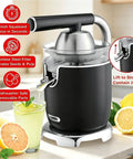 Heavy Duty Electric Citrus Juicer Press With Two Cones For Fresh Orange And Lemon Juice, showing ergonomic lever handle.
