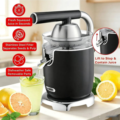 Heavy Duty Electric Citrus Juicer Press With Two Cones For Fresh Orange And Lemon Juice, showing ergonomic lever handle.