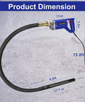 Powerful 1500W Handheld Concrete Vibrator With 15000 VPM, Lightweight 1 3 8 Inch Shaft, 6.6 Feet Cord and dimensions shown