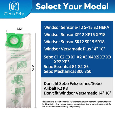 Diagram showing compatible vacuums for Pro Grade No Fuss Micro Synthetic Vacuum Filter Bags Replacement 12 Pack Set