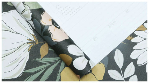 Close-up of Vintage Floral Peel And Stick Wallpaper With Daisy Leaf Pattern In Black Sand And Olive Vinyl, showing rolled edge