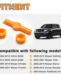 Gear Shift Bushing Kit For Armada Pathfinder Frontier Titan Xterra Infiniti QX56 QX80 Nissan Suzuki Equator Transmission Linkage Cable Bushing Repair Set 4 Pack 134193 349351LA0A 34935ZR00A with orange bushings and a Nissan pickup