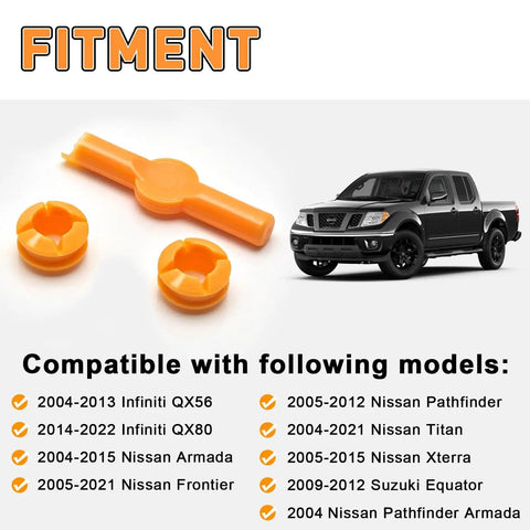 Gear Shift Bushing Kit For Armada Pathfinder Frontier Titan Xterra Infiniti QX56 QX80 Nissan Suzuki Equator Transmission Linkage Cable Bushing Repair Set 4 Pack 134193 349351LA0A 34935ZR00A with orange bushings and a Nissan pickup