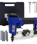 Lightweight 23 Gauge Pin Nailer for Woodworking with accessories, aluminum body, ergonomic grip, case, and pins displayed