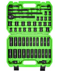 Three Eighth Inch Drive Impact Socket Set With 52 Pieces SAE And Metric Deep And Shallow 6 Point Sockets Includes Ratchet Handle Extension Bars Adapters And Universal Joint Built From CR-V Steel in green case.