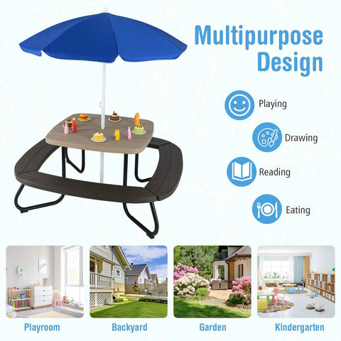 Outdoor Kids Picnic Table Set For 8 With Four Built In Benches, Removable Umbrella, in backyard, playroom, garden settings
