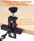 Cabinet Door Mounting Jig With Adjustable Positioner And Drill Jig 2-In-1 Cabinet Hardware Tool with drill bit in use