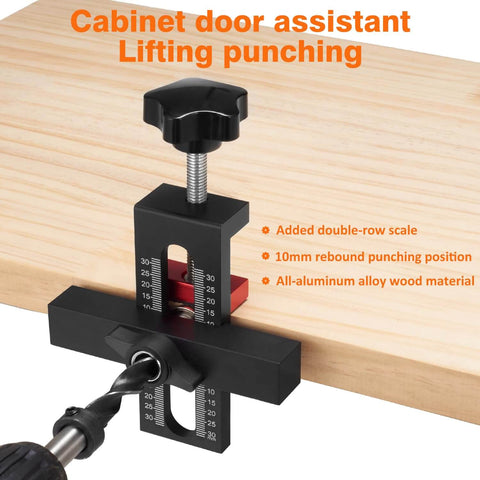 Cabinet Door Mounting Jig With Adjustable Positioner And Drill Jig 2-In-1 Cabinet Hardware Tool with drill bit in use