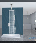 Polished Chrome 12 Inch Ceiling Mount Shower System With Rain Shower Head And Handheld Spray Luxury Shower Combo With Pressure Balance Valve Shower Trim Included For Bathroom Upgrade, shown with water flowing.