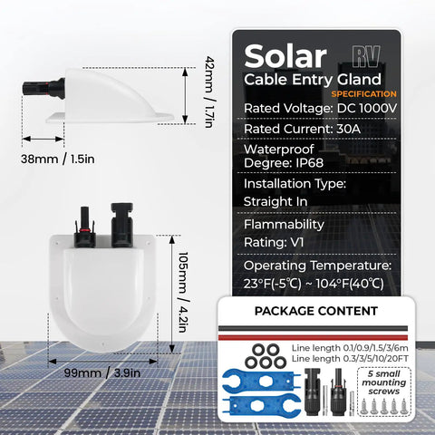 Solar Cable Entry Gland Kit With 10 AWG Cable And UV Resistant Dual Entry Housing For RV Boat Yacht Roofs White 0.3ft Flexible Length Options 0.5ft 3ft 5ft 10ft 20ft Easy Install Weatherproof Solar Connector, 105mm white housing
