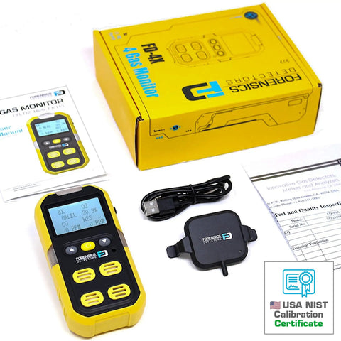 4 Gas Meter For Confined Space With O2 CO H2S LEL Sensors Factory Calibrated With NIST Calibration, shown with packaging and accessories