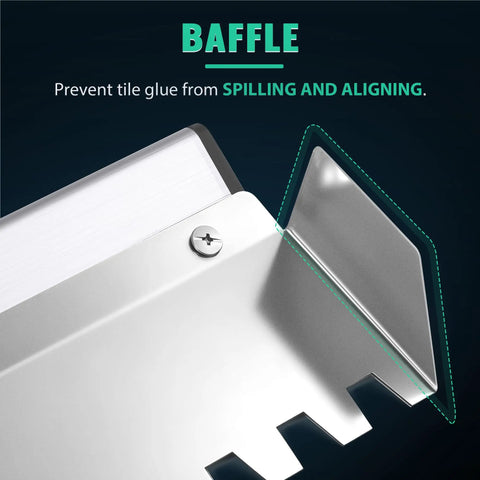 Close-up of the baffle design on heavy duty 30 inch square notched tile trowel for large tiles and thick bed mortar pro grade aluminum alloy frame.