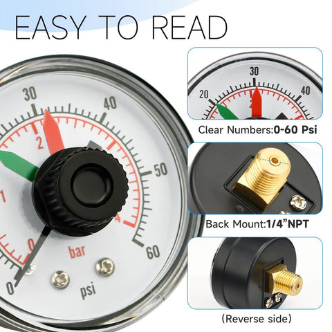 Replacement Pool Filter Pressure Gauge For Back Mount DE Sand And Cartridge Filters showing clear 0-60 psi dial and back mount.