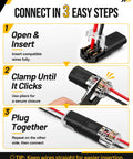 200 Pieces Quick Connect Wire Terminals for Wiring Job Double Push in Plugs Solderless Splice Kit shown in a 3-step connection guide.