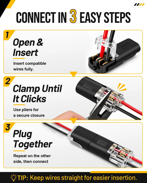 200 Pieces Quick Connect Wire Terminals for Wiring Job Double Push in Plugs Solderless Splice Kit shown in a 3-step connection guide.