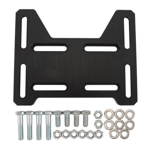 Adjustable Aluminum Engine Mount Plate Kit With Mounting Screw Set For CC100X Mini Bike Go Kart in black, includes screws and washers.
