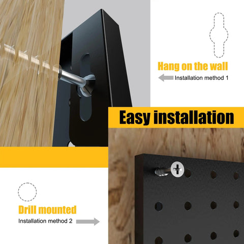 Heavy Duty Metal Pegboard Panels 4 Pack With 50 Hooks Black Wall Organizer installation methods shown with screws