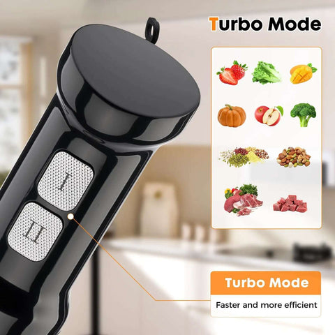 Heavy Duty Handheld Immersion Blender 6 In 1 Electric Mixer, close-up of turbo mode buttons in a sleek design on a kitchen surface.