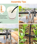 Assembly steps for 1/4 Inch Drip Irrigation Cross Fittings Barbed 4-Way Tee Connectors Kit, showing installation in garden.