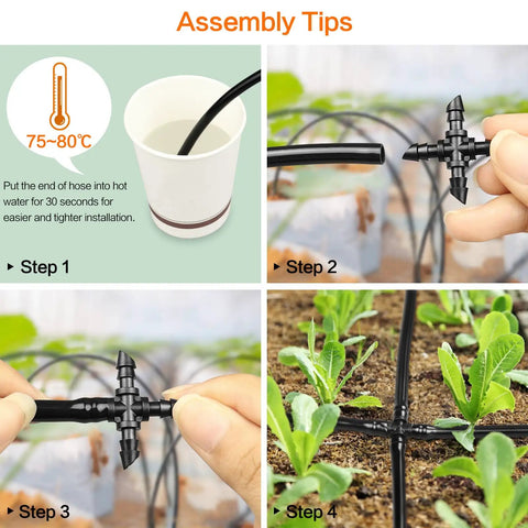 Assembly steps for 1/4 Inch Drip Irrigation Cross Fittings Barbed 4-Way Tee Connectors Kit, showing installation in garden.