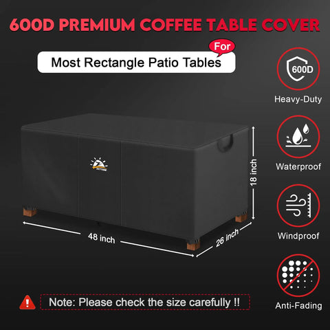 Outdoor Coffee Table Cover Heavy Duty 600D Waterproof All Weather Protection fits 48 by 26 by 18 inch tables shown in diagram.