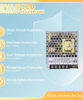 Heavy Duty Switching Power Supply 24V 1.5A 36W Fanless Metal Enclosure showing advanced protection mechanisms for safety.