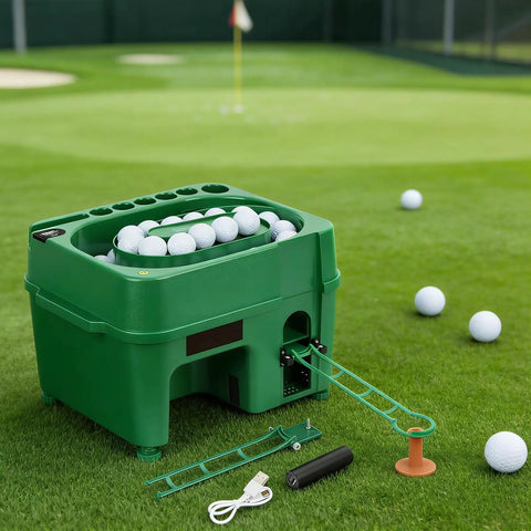 Automatic Golf Ball Dispenser And Tee Up Trainer For Driving Range And Home Practice With 40 Ball Capacity Dual Mode Height Adjustment Infrared Auto Tee System shown on golf course