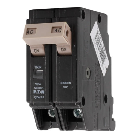 240 Volt 40 Amp Double Pole Circuit Breaker UL Listed 10kAIC Heavy Duty Built Tough For Home Panels And Light Commercial Use High Load Protection And Easy Install. Black breaker with 40A handles