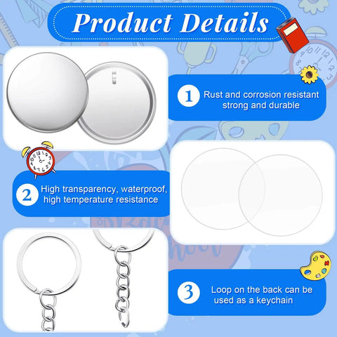 100 Sets Button Maker Kit 58mm 2.25 Inch Includes 100 Metal Shells 100 Films 100 Back Covers 100 Keychains and 1 Ring with product details