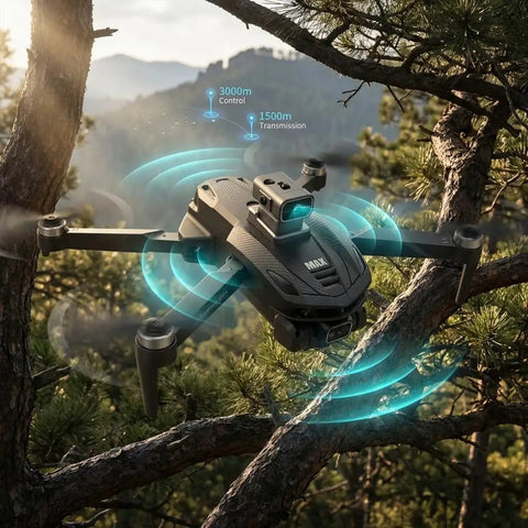 4K GPS Drone With 4.5 Inch HD Controller Screen, Foldable Quadcopter flying in forest with 360 degree obstacle avoidance system