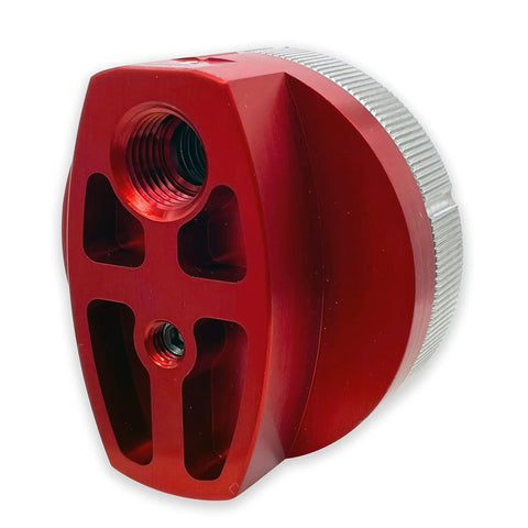 Close-up of red Five Position Rotary Pressure Washer J-Rod Nozzle Tip Holder With Quick Twist Tip Switching, aluminum body.